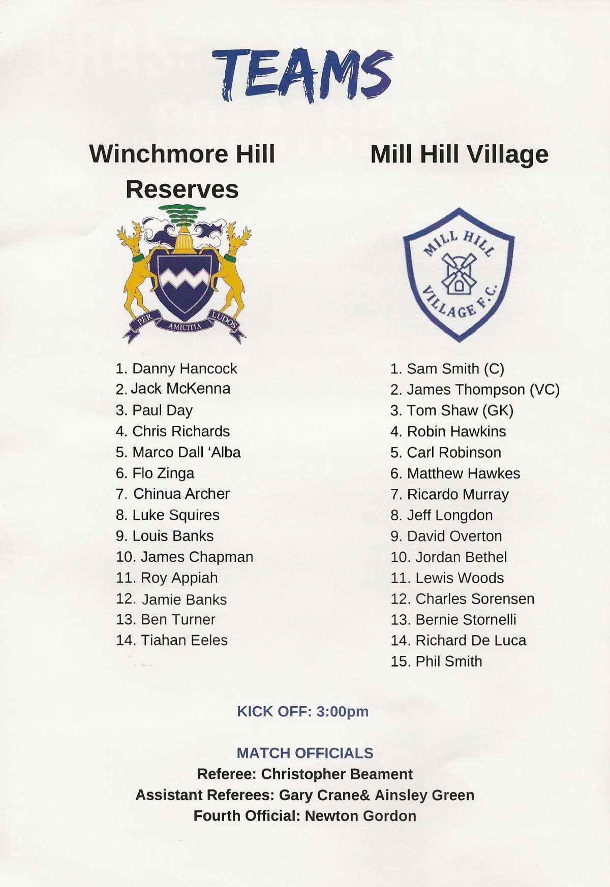 2nd XI V Mill Hill Village AFA Middlesex And Essex Intermediate Cup Final