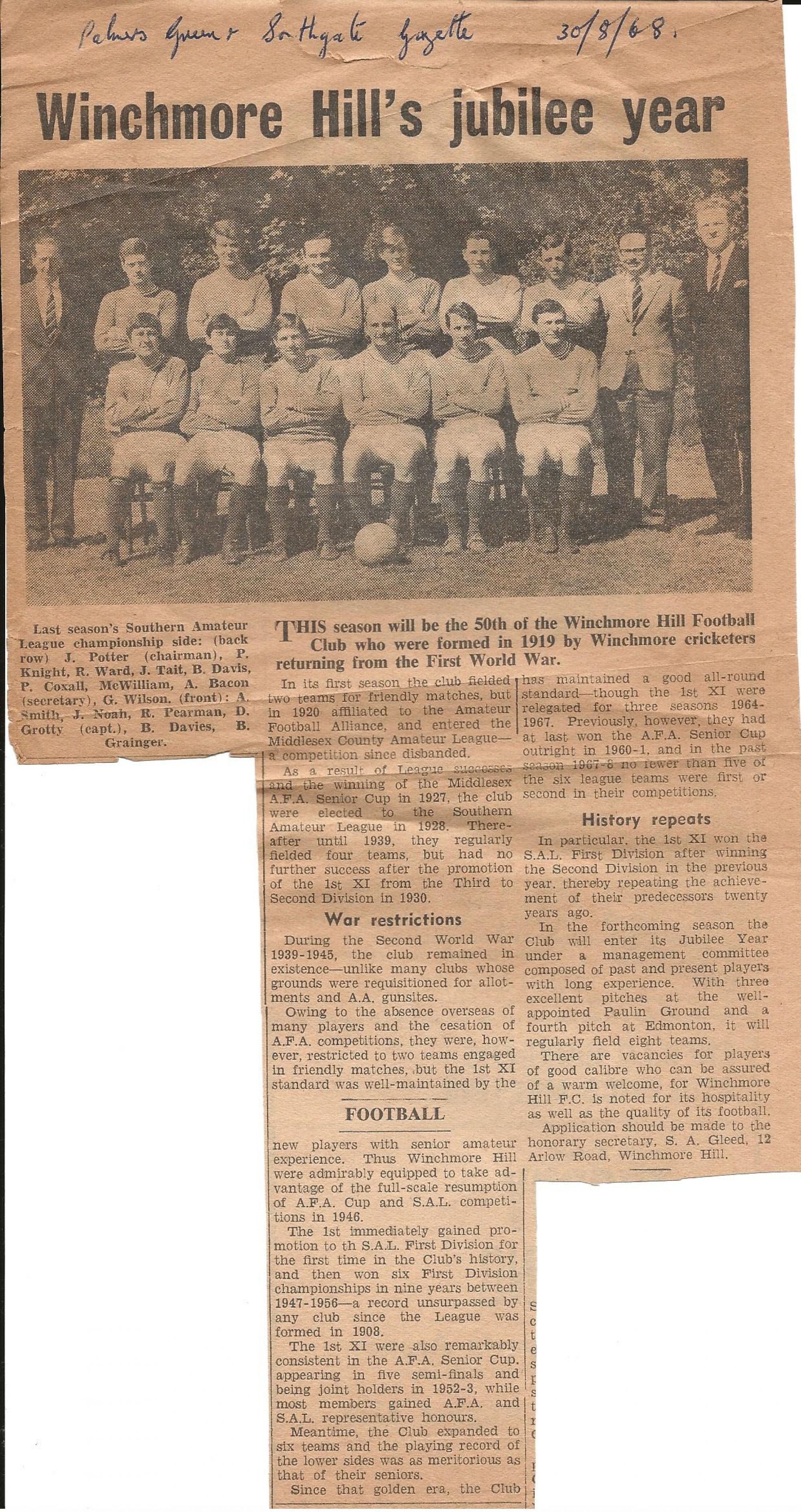 WHFC Club Photo 1968